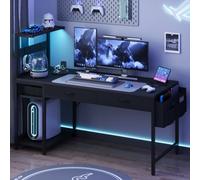 YOUDENOVA Bureau Gaming Réversible avec LED et Prises, 120 cm Petit Table de Jeu avec 2 Tiroirs, Poche Latérale et Étagère de Rangement, Table d'ordinateur pour Chambre à Coucher Noir