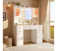 YOUDENOVA Coiffeuse avec Miroir LED, Grande Couffeuse avec 2 vitrines RGB, Bureau Coiffeuse Meuble Moderne avec Rangement, Vanity Desk avec Multiprise, Cadeaux de Noël pour Filles, Blanche