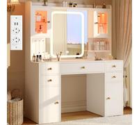 YOUDENOVA Coiffeuse Blanche 105 cm avec Miroir LED 3 Couleurs, 7 Tiroirs, 2 Vitrines LED RGB, Multiprise et Ports USB, Grande Coiffeuse avec Rangement pour Chambre Adulte
