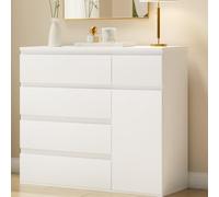 YOUDENOVA Commode Chambre avec 5 Tiroirs et 1 Porte, Commode Adulte avec Étagère Réglable, Commode Blanche pour Salon Couloir Chambre, Chiffonnier Moderne， 40P x 90l x 80H