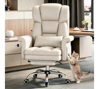 YOUDENOVA Fauteuil de Direction, Chaise de Bureau avec Repose-Pieds, Siège Ergonomique en Cuir PU, Chaise de Bureau pour la Maison avec Dossier inclinable à 135° et accoudoirs rembourrés, Beige