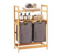 YOUDENOVA Panier à linge en bambou avec 2 étagères et 2 sacs à linge extensibles pour chambre à coucher, salle de bain ou buanderie, 93 x 64 x 33 cm, gris