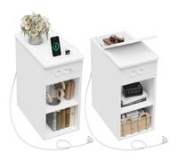 YOUDENOVA Table de Chevet 30 cm Lot de 2, Table de Nuit Etroite avec Prise Intégrée, 2 Étagères Ouvertes et Compartiments Dissimulés, Table Basse Moderne pour Salon Chambre, Blanc