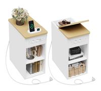 YOUDENOVA Table de Chevet 30 cm Lot de 2, Table de Nuit Etroite avec Prise Intégrée, 2 Étagères Ouvertes et Compartiments Dissimulés, Table Basse Moderne pour Salon Chambre, Naturelle&Blanc