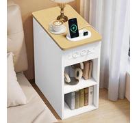 YOUDENOVA Table de Chevet Etroite, Table de Nuit 30 cm avec Prise Intégrée, 2 Étagères Ouvertes et Compartiments Dissimulés, Table Basse Moderne avec pour Salon Chambre, Naturelle&Blanc