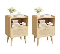 YOUDENOVA Table de Chevet Lot de 2, Table de Nuit avec Rotin Tiroir et Étagère Ouverte, Table d'Appoint Poignée Ronde en Bois, Table Basse pour Salon Chambre Bureau, Rustique Naturel