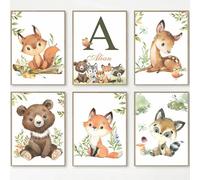Youihom 6 Affiche Animaux de la Foret Bebe Brun Vert Tableau Chambre Bebe Personnalisée Affiche Prenom Enfant Poster Chambre Enfant Garcon Renard Ours Ecureuil Tableau Toile 21 x 30 cm sans Cadre
