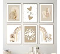 Youihom 6 Affiche Chambre Bebe Beige Poster Illustration Girafe Elephant Ourson Soleil Arc en Ciel Tableau Nordique Decoration Murale Garcon ou Fille A4 sans Cadre