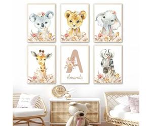 Youihom 6 Tableau Animaux Chambre Bebe Affiche Personnalisée Enfant Affiche Rose Gold Tableau Animaux de la Savane Éléphant Girafe Zèbre Tigre Koala Poster Toile 21 x 30 sans Cadre
