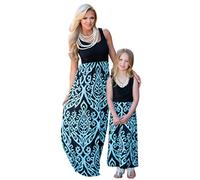 YOUJIA Boho Mère Et Fille Col Rond sans Manches Maxi Taille Haute Robes Longue Famille Robe de Soirée (#4 Bleu, L)