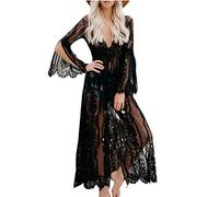 YOUKD Cardigan en Dentelle de Coton pour Femmes Voir à Travers la Robe Boho Kimono Long Robes de Plage de Maillot de Bain