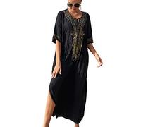YOUKD Coton brodé Floral lâche Caftan Boho Plage Bikini Couvrir Robe Grande Taille Chemise de Nuit pour Les Femmes
