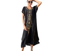 YOUKD Coton brodé Floral lâche Caftan Boho Plage Bikini Couvrir Robe Grande Taille Chemise de Nuit pour Les Femmes
