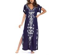 YOUKD Coton brodé Floral lâche Caftan Boho Plage Bikini Couvrir Robe Grande Taille vêtements de détente pour Les Femmes