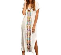 YOUKD Coton d'été brodé Floral Caftan Ample Boho Bikini de Plage Robe Cache-Maillot Grande Taille Robe pour Femme