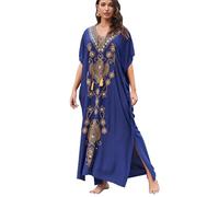 YOUKD Coton d'été brodé Floral lâche Caftan Boho Beach Bikini Cover Up Dress Grande Taille Robe pour Femmes