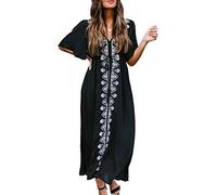 YOUKD Coton d'été brodé Floral Long Kaftan Bohemian Beach Maillot de Bain Cover Up Maxi Dress pour Les Femmes
