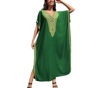 YOUKD Été Coton Brodé Floral Lâche Caftan Boho Beach Bikini Cover Up Robe Grande Taille Robe pour Femmes