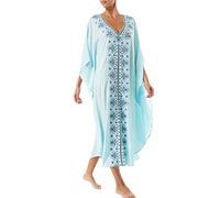 YOUKD Été Coton Brodé Floral Lâche Caftan Boho Beach Bikini Cover Up Robe Grande Taille Robe pour Femmes