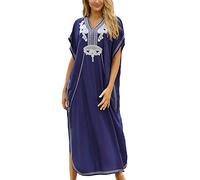 YOUKD Été Coton Brodé Floral Lâche Caftan Boho Beach Bikini Cover Up Robe Grande Taille Robe pour Femmes