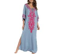 YOUKD Été Coton Brodé Floral Lâche Caftan Boho Beach Bikini Cover Up Robe Grande Taille Robe pour Femmes