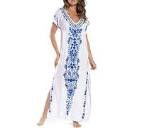 YOUKD Été Coton Brodé Floral Lâche Caftan Boho Beach Bikini Cover Up Robe Grande Taille Robe pour Femmes