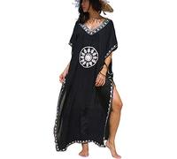 YOUKD Été Coton Brodé Floral Lâche Caftan Boho Beach Bikini Cover Up Robe Grande Taille Robe pour Femmes