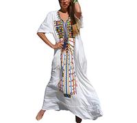 YOUKD Été Coton Brodé Floral Long Caftan Bohème Plage Maillot de Bain Couvrir Robe Maxi pour Les Femmes