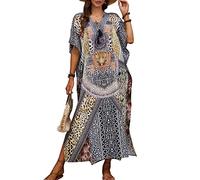 YOUKD Maxi Robe Imprimé Floral Kaftan Boho Beach Bikini Cover Up Robe Plus Size Loungewear pour Femme