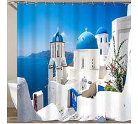 YOUMEISU Rideau de Douche,Coucher de Soleil Bleu Grèce Vue panoramique des Maisons Blanches des Cyclades Santorin Parcs Oia Méditerranée Grecque,Large Choix de Beaux Rideaux de Douche 180 * 180 cm