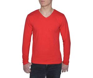 Young & Rich - T-shirt à manches longues pour homme - Coupe ajustée - Col en V - Couleur unie - Stretch - Disponible en 10 couleurs - Tailles S à 3XL, rouge, M