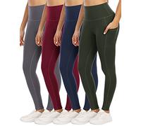 YOUNGCHARM Lot de 4 leggings avec poches pour femme, pantalon de yoga taille haute avec contrôle du ventre, Lot de 4 - Vert militaire/gris/bleu marine/bordeaux, XX-Large