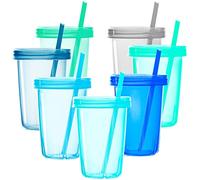 Youngever Lot de 7 verres pour enfants avec paille 7 verres en plastique réutilisables avec couvercle paille (Coastal)