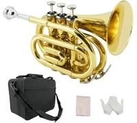 YoungMonic Trompette de poche musicale en si bémol standard pour trompette en cuivre laqué avec embouchure 7 C, étui rigide et embouchure (or)