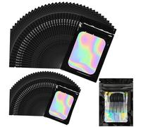 YOUNGSAY 200 PCS Sachet Holographique Refermable, 7 x 10/10,5 x 15cm Noir Sachet Plastique Holographique, Sachets Alimentaires Zip avec Fenêtres Transparente