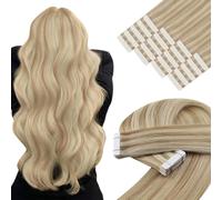 YoungSee Extension Adhesive Cheveux Naturel Meche Blond 50 cm Extension Adhesive Cheveux Humain Blond Highlight Extension Cheveux Naturel Adhesif Brun Clair avec Blonde Platine Highlight 20pcs 50g