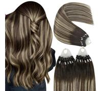 YoungSee Extension Cheveux Micro Ring Balayage 14 Pouces 35 Cm Extension a Froid Chatain Brun Fonce avec Blond Cendre Extension à Froid Balayage Extension Micro Ring Pour Cheveux Courts 50Brin/50G