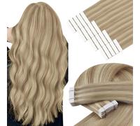 YoungSee Extension Cheveux Naturel Adhesif Meche Blond 35 cm Extension Adhesive Cheveux Humain Blond cendré avec Blonde Doré Extension de Adhesive Invisible Blonde Highlight pour Femme 20pcs 50g