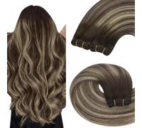 YoungSee Tissage Cheveux Naturels Balayage 35 CM Tissage Naturel Cheveux Humain Brun Fonce avec Blond Balayage Courts 100g