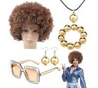 Youngwier Accessoires de costumes disco, accessoires disco des années 70 pour femmes,Costume de rappeur Bling 5 pièces ensemble de costumes des années 70 | Collier, perruque afro, boucles