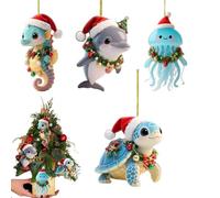 Youngwier Lot de 4 décorations de sapin de Noël d'animaux marins - Décoration de Noël en acrylique - Décoration plate avec ruban - Pour mur, salon, balcon, jardin