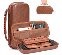 Younik Switch 2 Case avec Support AirTag, Coque Rigide & Housse Switch 2 en Cuir PU pour NS2, 19 emplacements Cartes + 2 Micro SD, Poche Filet zippée, étui de Transport avec Sangle (Marron)