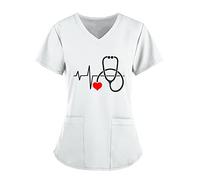 Youning Kasacks Chemise à manches courtes pour femme - Col en V - Super respirant - Soin infirmière avec motif - Casack à enfiler, Blanc B, XL