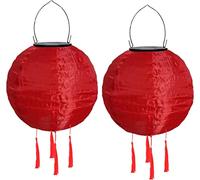 Youning Lot de 2 lampions solaires d'extérieur résistants aux intempéries - 30 cm - Avec pompon - À suspendre - Étanche - En nylon - Pour l'extérieur, le jardin, le balcon - Rouge