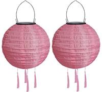 Youning Lot de 2 lampions solaires d'extérieur résistants aux intempéries - 30 cm - Avec pompon - À suspendre - Étanche - En nylon - Pour l'extérieur, le jardin, le balcon - Rose