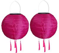 Youning Lot de 2 lampions solaires d'extérieur résistants aux intempéries - 30 cm - Lampion solaire LED avec pompon - À suspendre - Étanche - En nylon - Pour extérieur, jardin, balcon - Rose