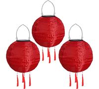 Youning Lot de 3 lampions solaires d'extérieur résistants aux intempéries - 30 cm - Avec pompon - À suspendre - Étanche - En nylon - Pour l'extérieur, le jardin, le balcon - Rouge