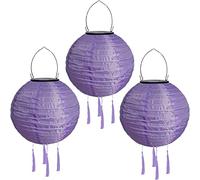 Youning Lot de 3 lampions solaires d'extérieur résistants aux intempéries - 30 cm - Avec pompon - À suspendre - Étanche - En nylon - Pour l'extérieur, le jardin, le balcon - Violet