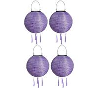 Youning Lot de 4 lampions solaires d'extérieur résistants aux intempéries - 30 cm - Avec pompon - À suspendre - Étanche - En nylon - Pour l'extérieur, le jardin, le balcon - Violet