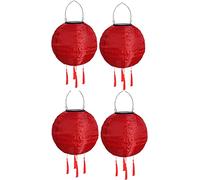 Youning Lot de 4 lampions solaires d'extérieur résistants aux intempéries - 30 cm - Avec pompon - En nylon - Pour l'extérieur - Pour extérieur - Pour jardin, balcon - Rouge